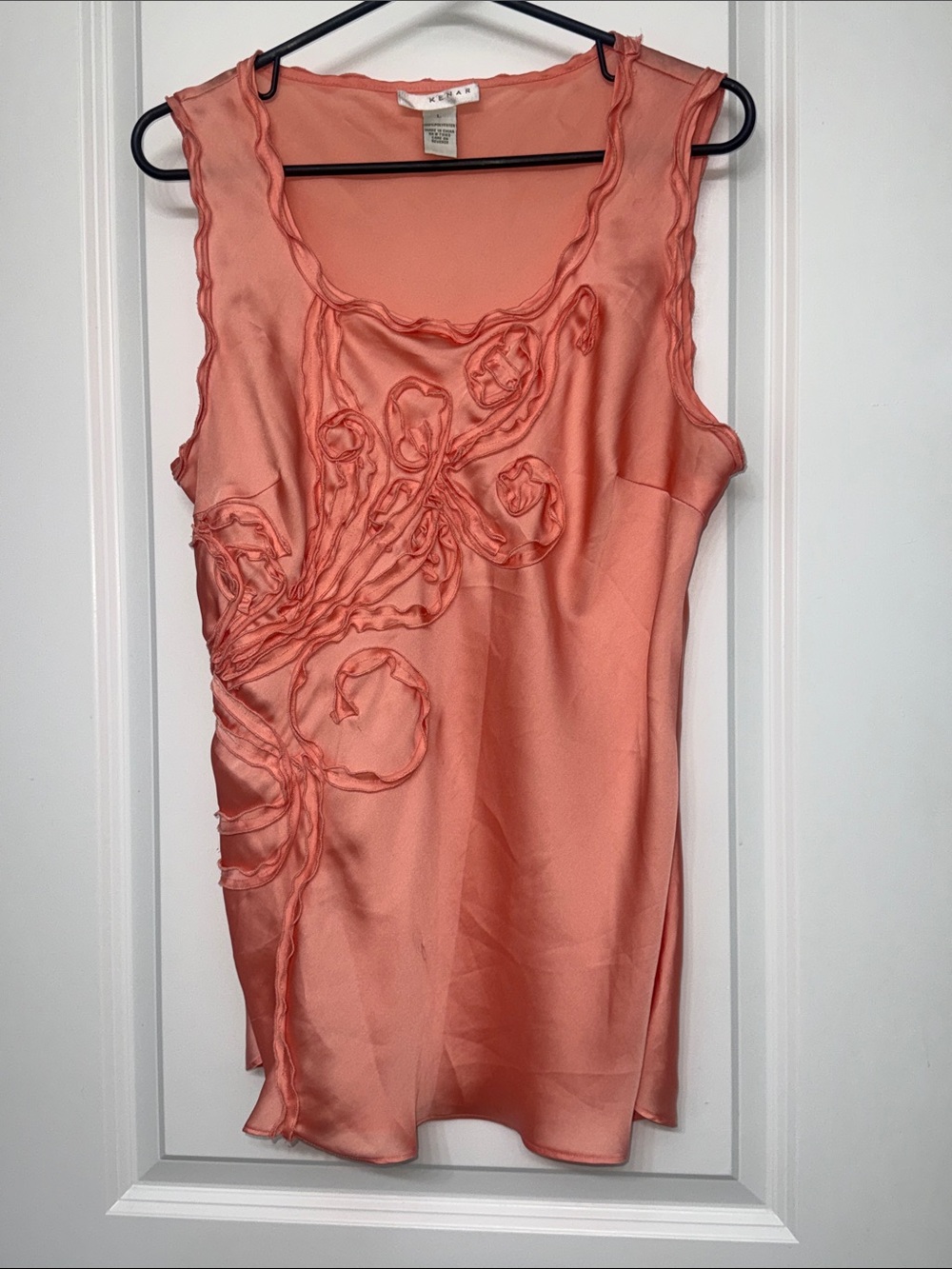 Large Kenar Coral Pink Satin Ruffle Appliqué Sleeveless Camisole - Picture 3 of 8